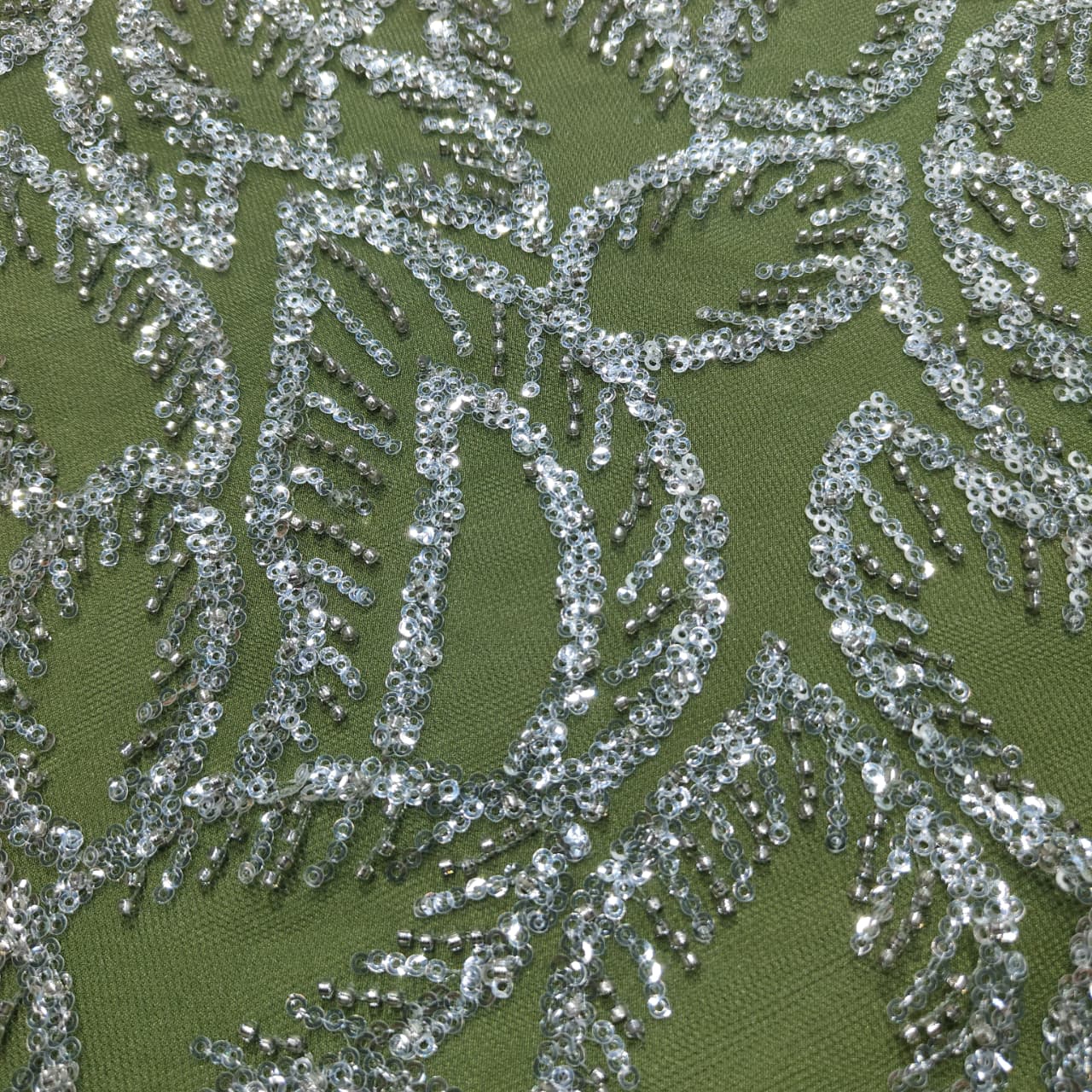 Green With Silver Leaves Sequence Pearl Embroidery Net Fabric CF-14226