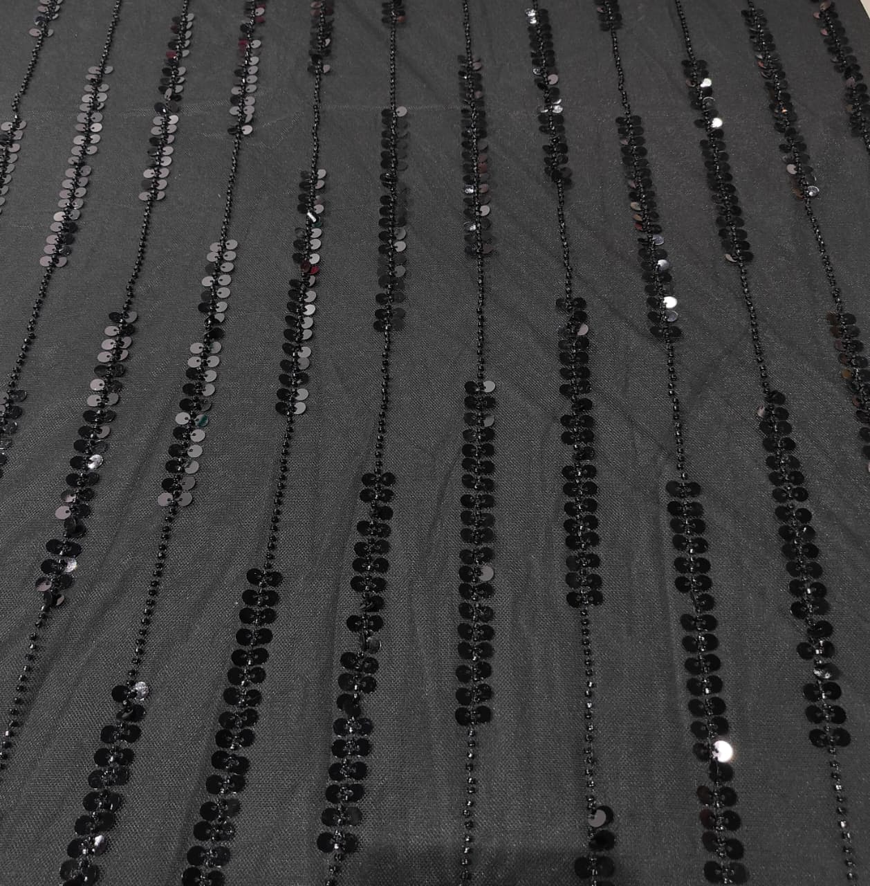 Black Pearl Stripes Sequins Embroidery Net Fabric CF-15014