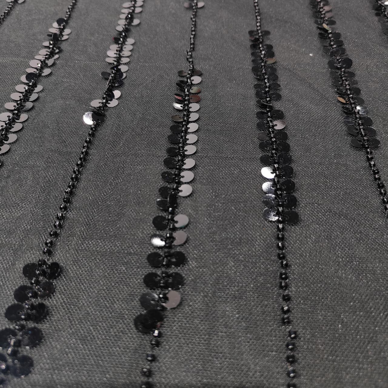 Black Pearl Stripes Sequins Embroidery Net Fabric CF-15014