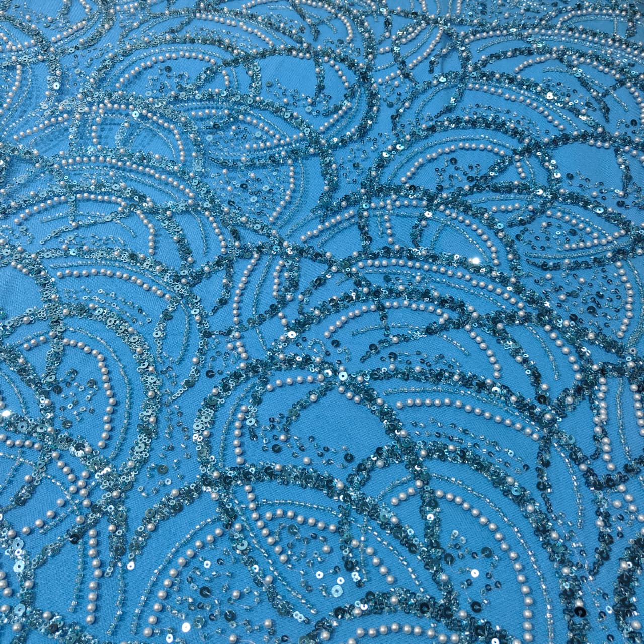 Blue Pearl Sequence Embroidery Net Fabric CH-14213