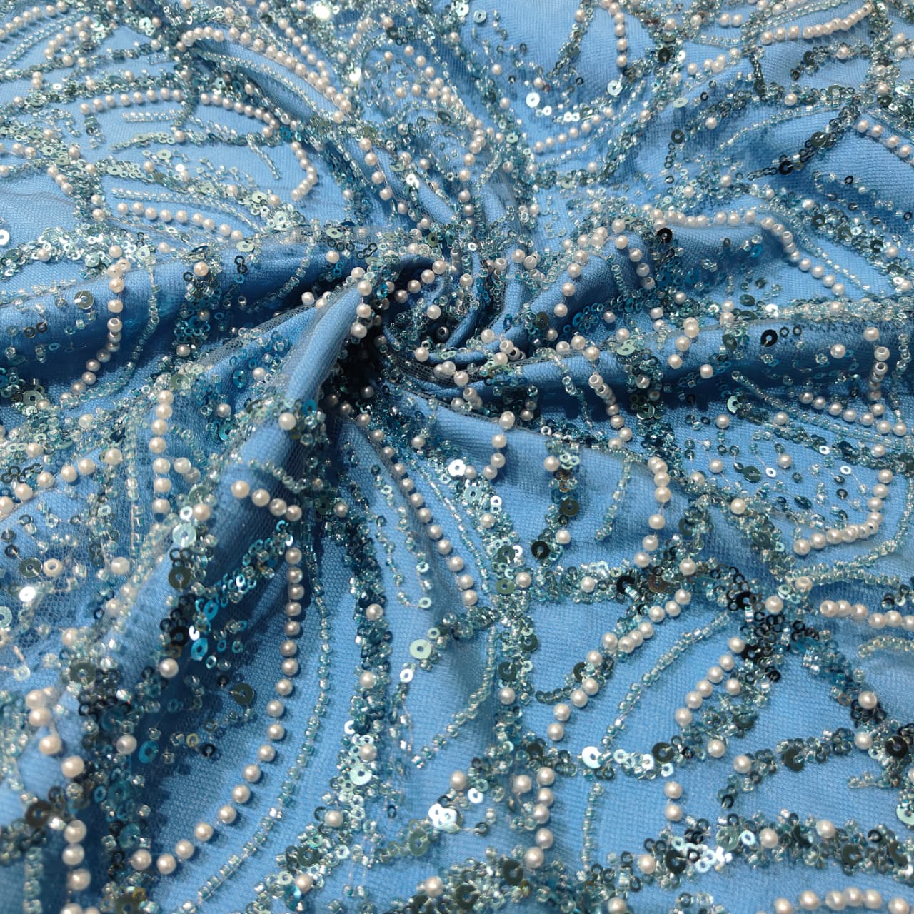 Blue Pearl Sequence Embroidery Net Fabric CH-14213