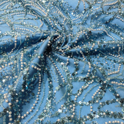 Blue Pearl Sequence Embroidery Net Fabric CH-14213