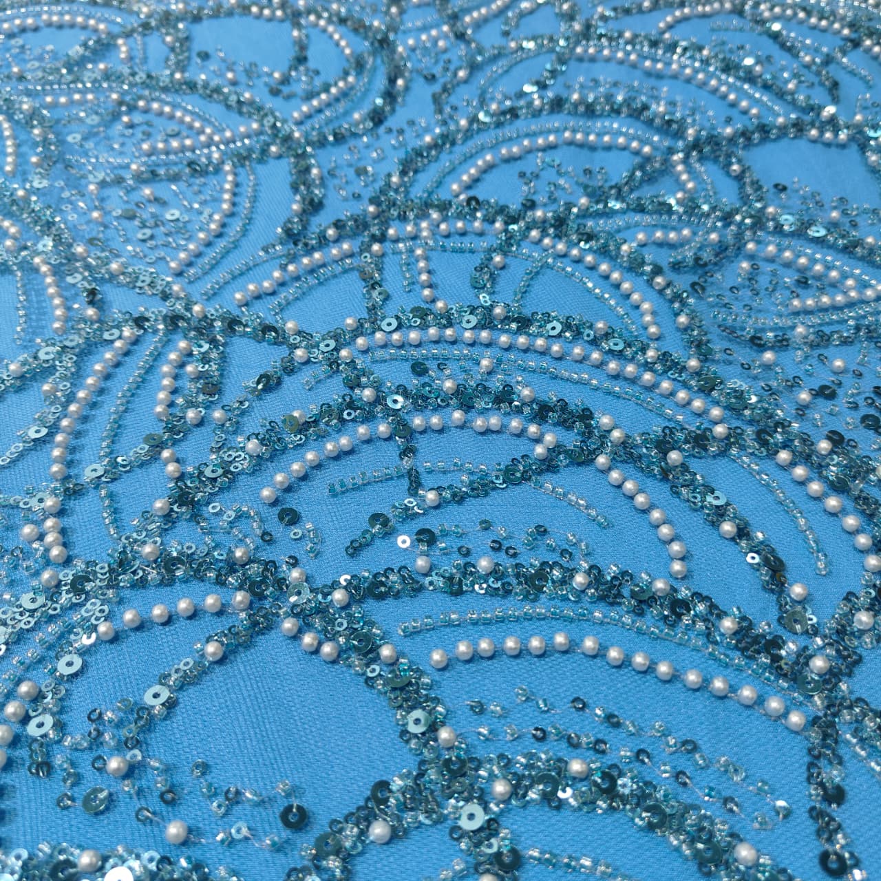Blue Pearl Sequence Embroidery Net Fabric CH-14213