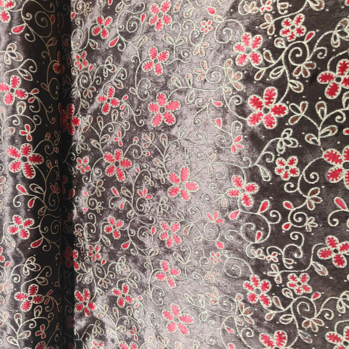 Dark Brown Floral Printed Velvet Fabric TU-6247