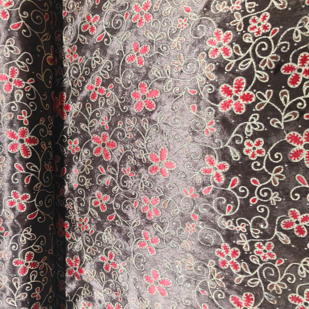 Dark Brown Floral Printed Velvet Fabric TU-6247