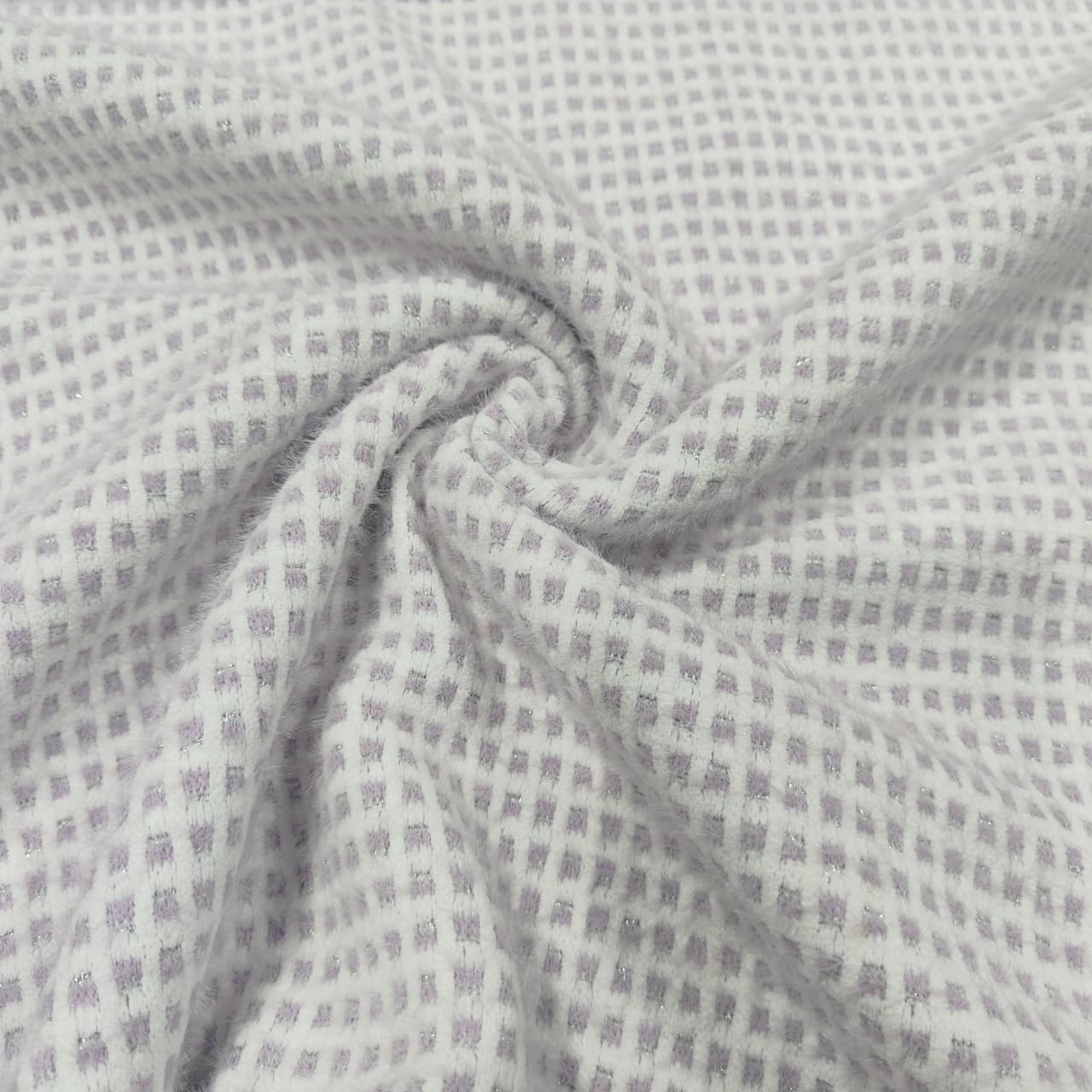Purple White Check Print Woollen Tweed Fabric CH-13965