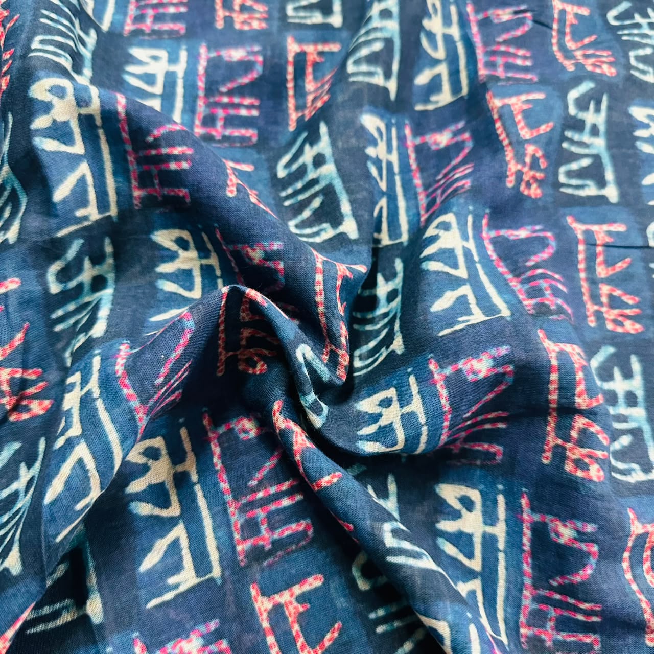 Dark Blue Indigo Qwirky Print Mulmul Fabric