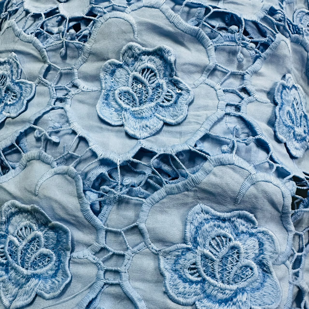 Cornflower Blue 3D Floral Sequins Embroidery Schiffli Crepe CF-16581