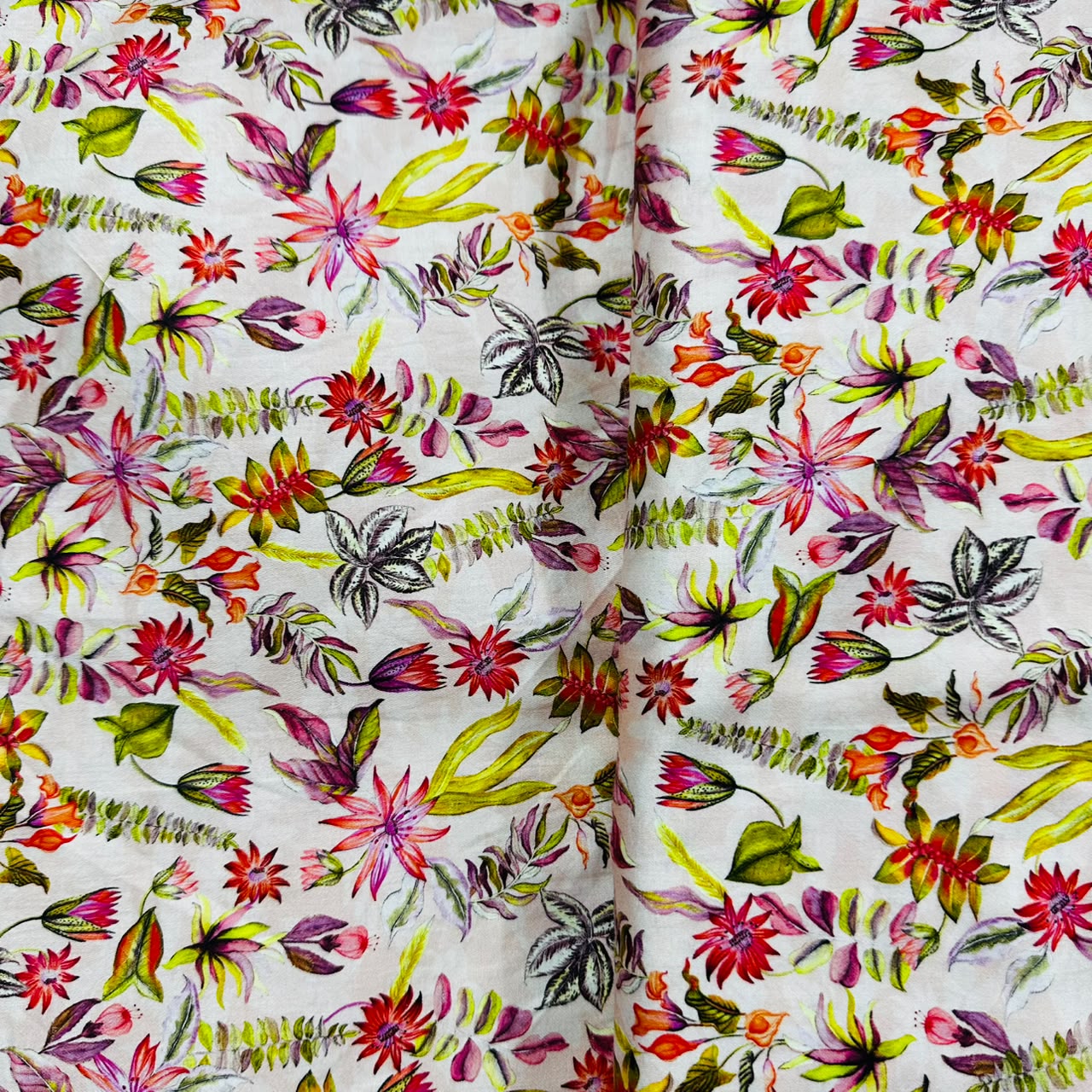 Light Pink with Orange Floral Print Cotton Satin Fabric PG-30396 - TradeUNO