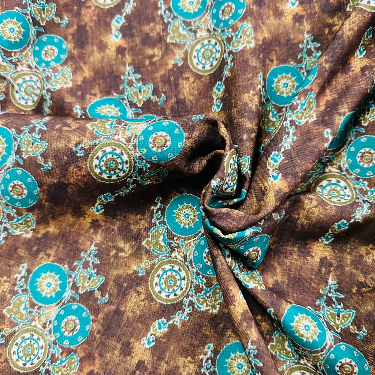 Brown & Green Traditional Print Lawn Cotton Fabric TU-8693