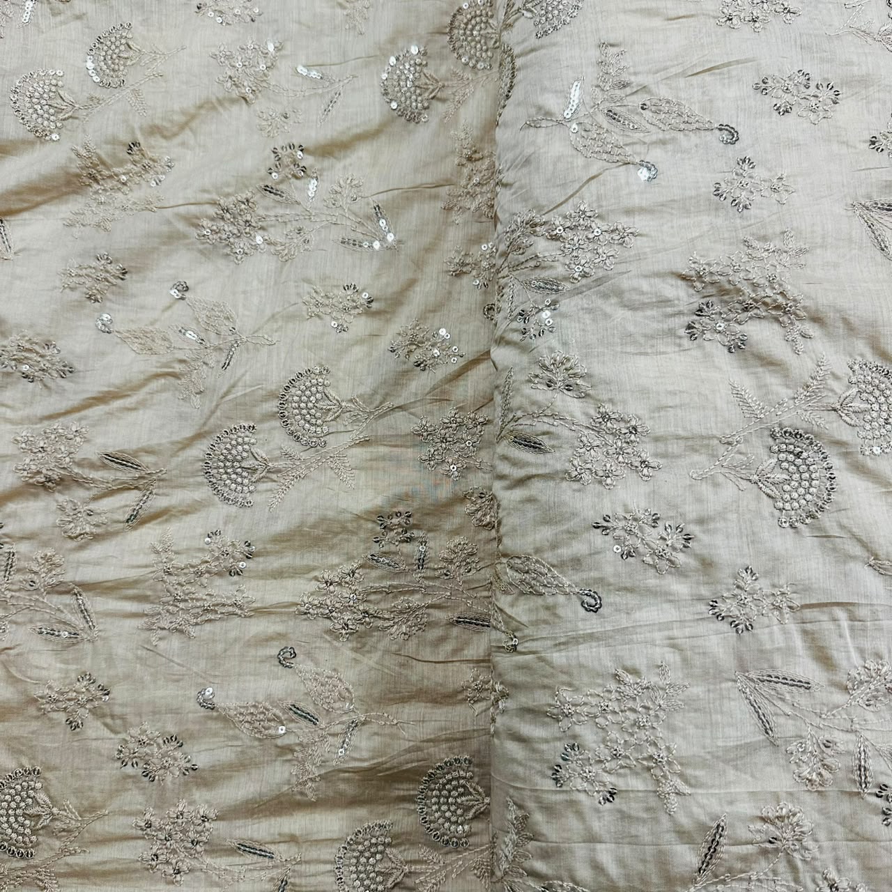 Beige Floral Embroidery Mul Chanderi Fabric DC-30340