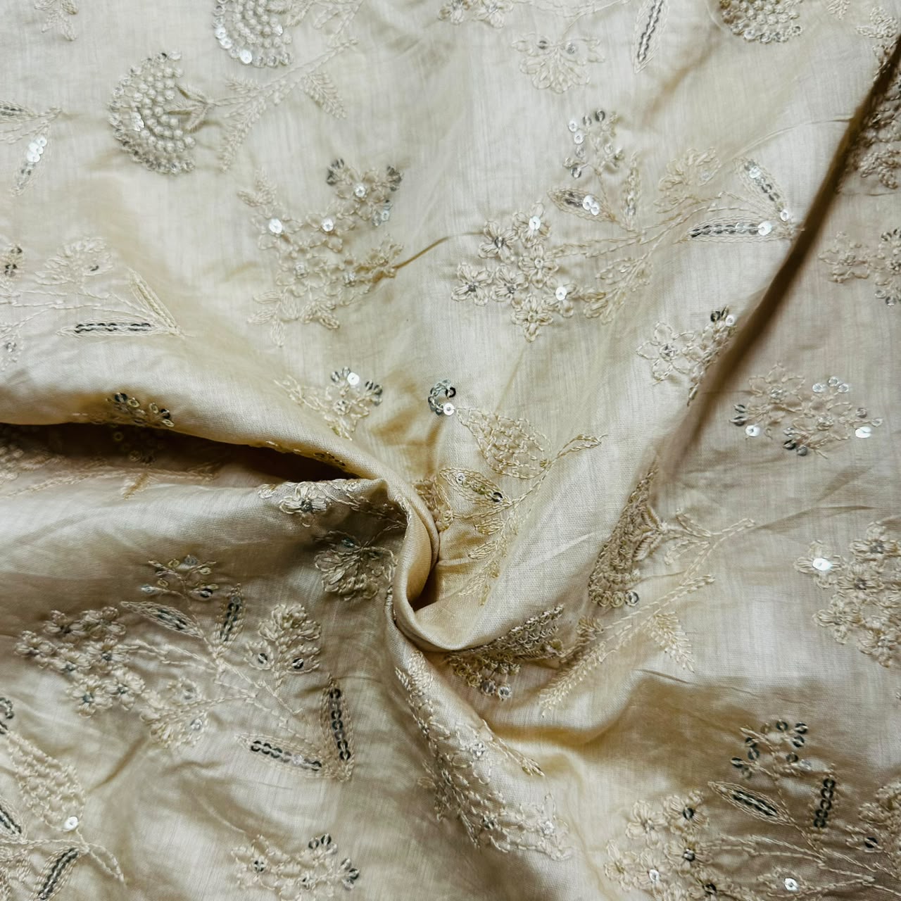 Beige Floral Embroidery Mul Chanderi Fabric DC-30340