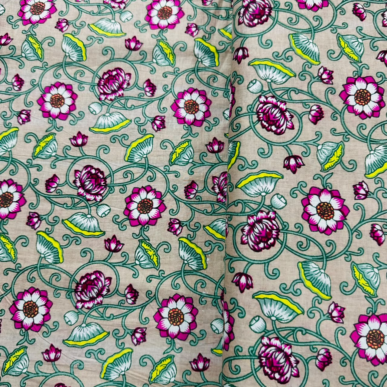 Cream Pink Floral Print Cotton Fabric 16120