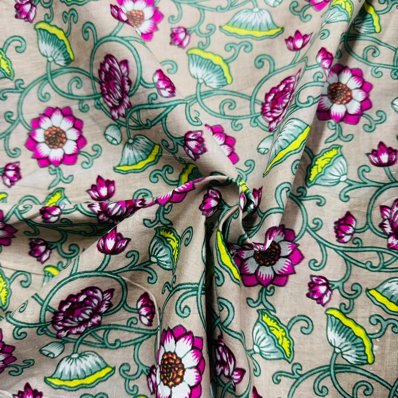 Cream Pink Floral Print Cotton Fabric 16120