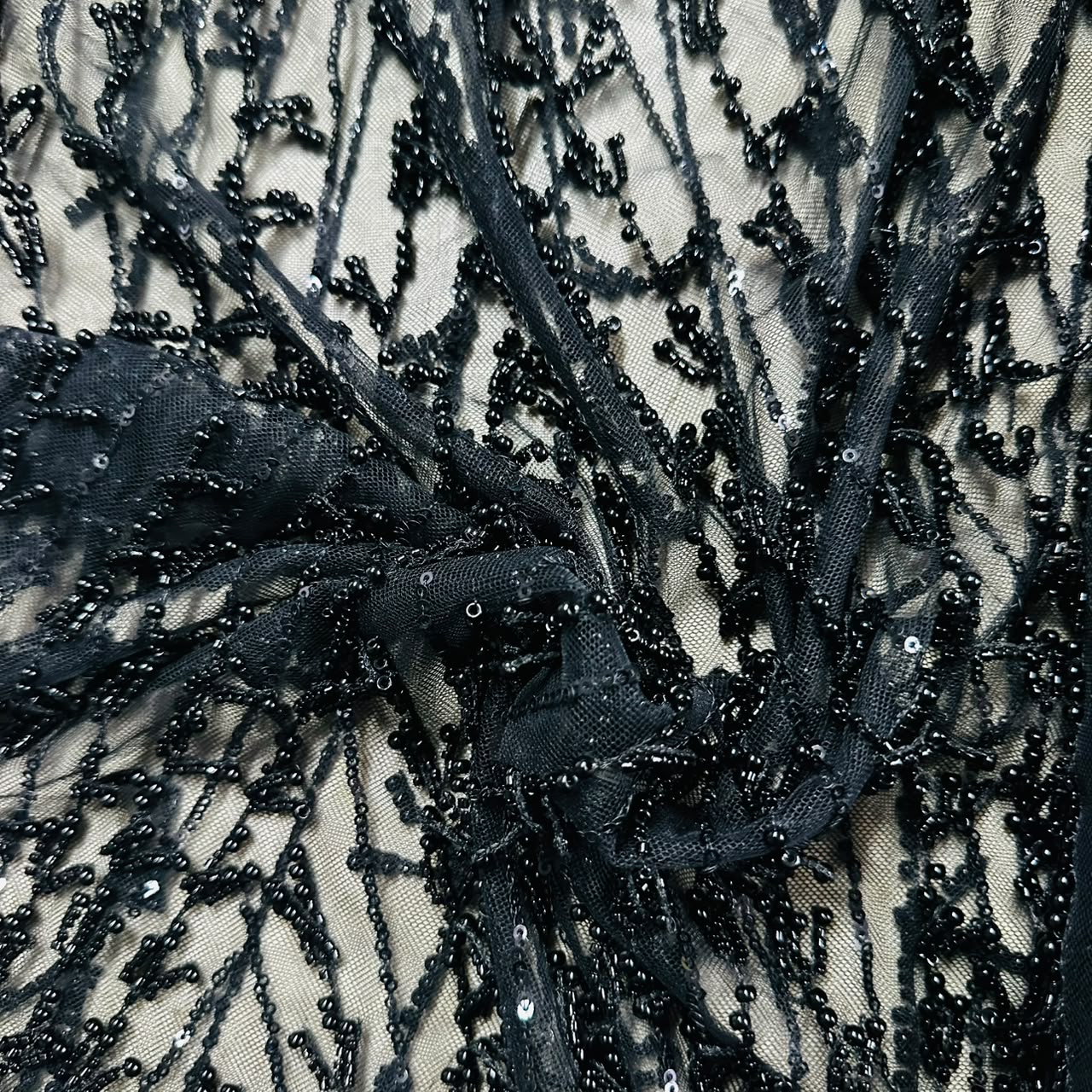 Black Cutdana Hanging Embroidery Net Fabric CF-15157 - TradeUNO