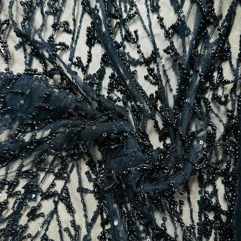 Black Cutdana Hanging Embroidery Net Fabric CF-15157