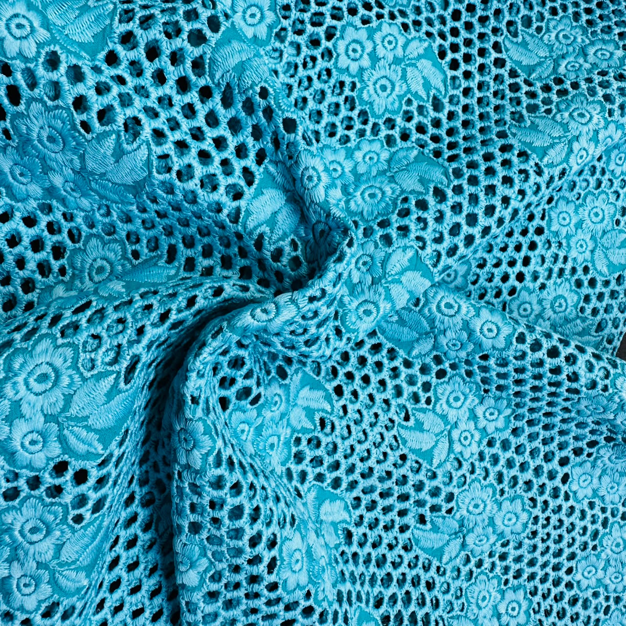 Sky Blue Schiffli Embroidery Cotton Fabric TU-6467