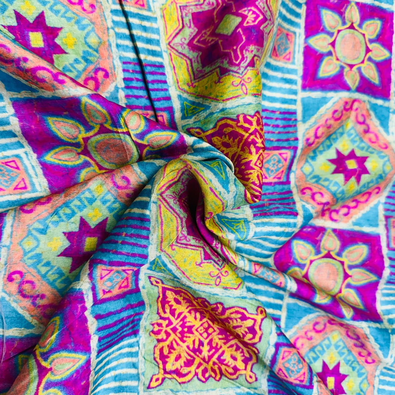 Blue Traditional Print Tusser Silk Fabric 20354