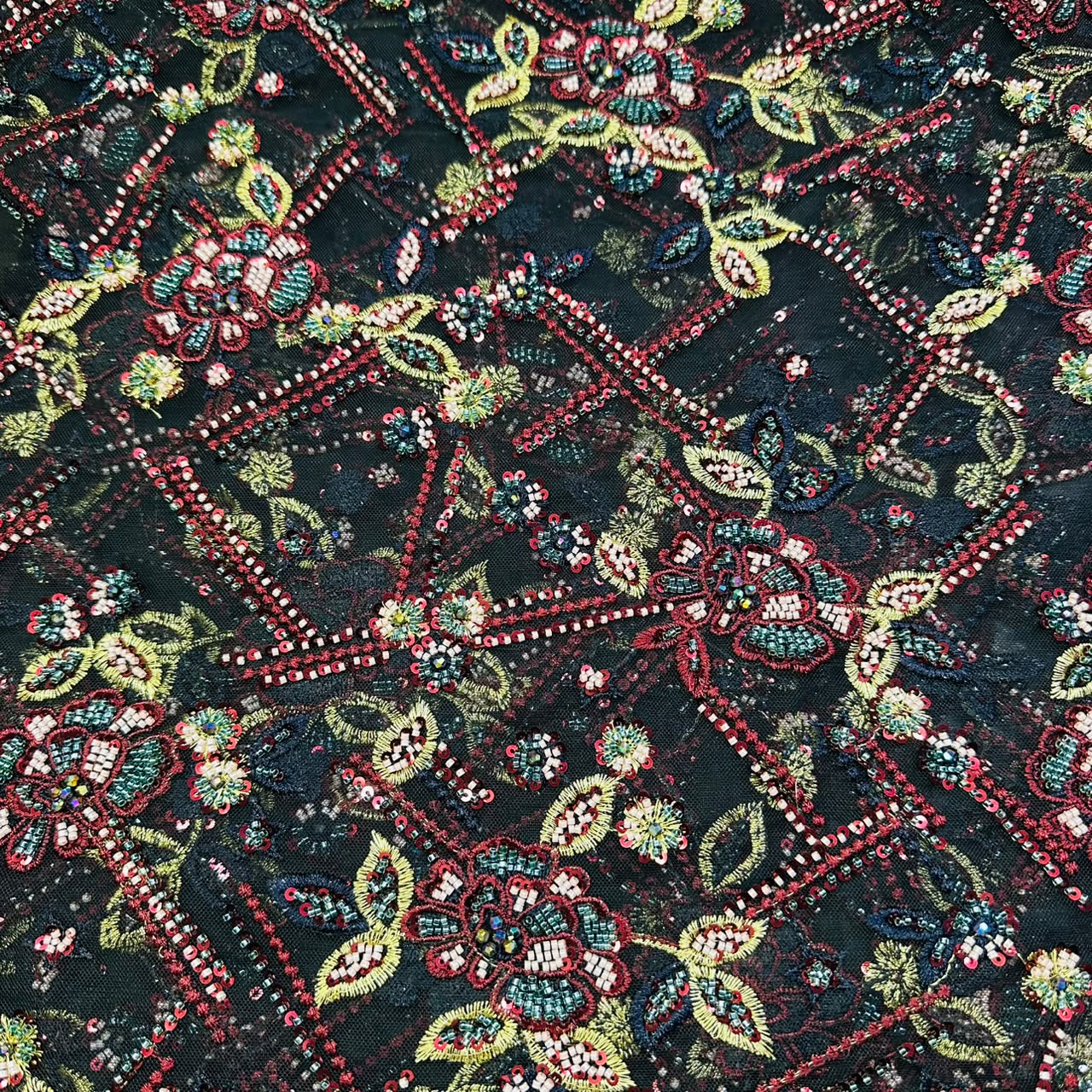 Black imported Thread Sequins Cut Dana Handcrafted Embroidery Net Fabric CF-15121
