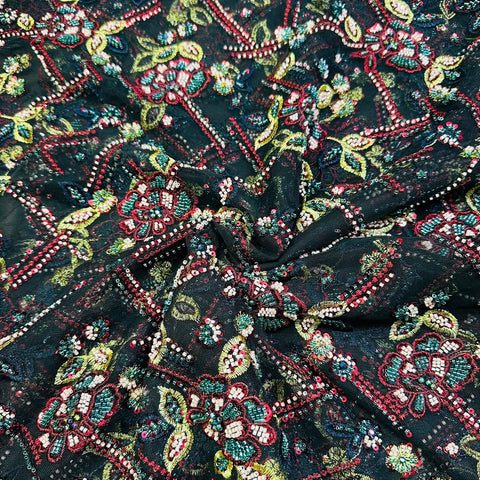 Black imported Thread Sequins Cut Dana Handcrafted Embroidery Net Fabric CF-15121