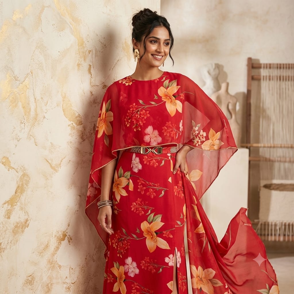 Cherry Red Floral Print Natural Crepe Fabric SC-34515