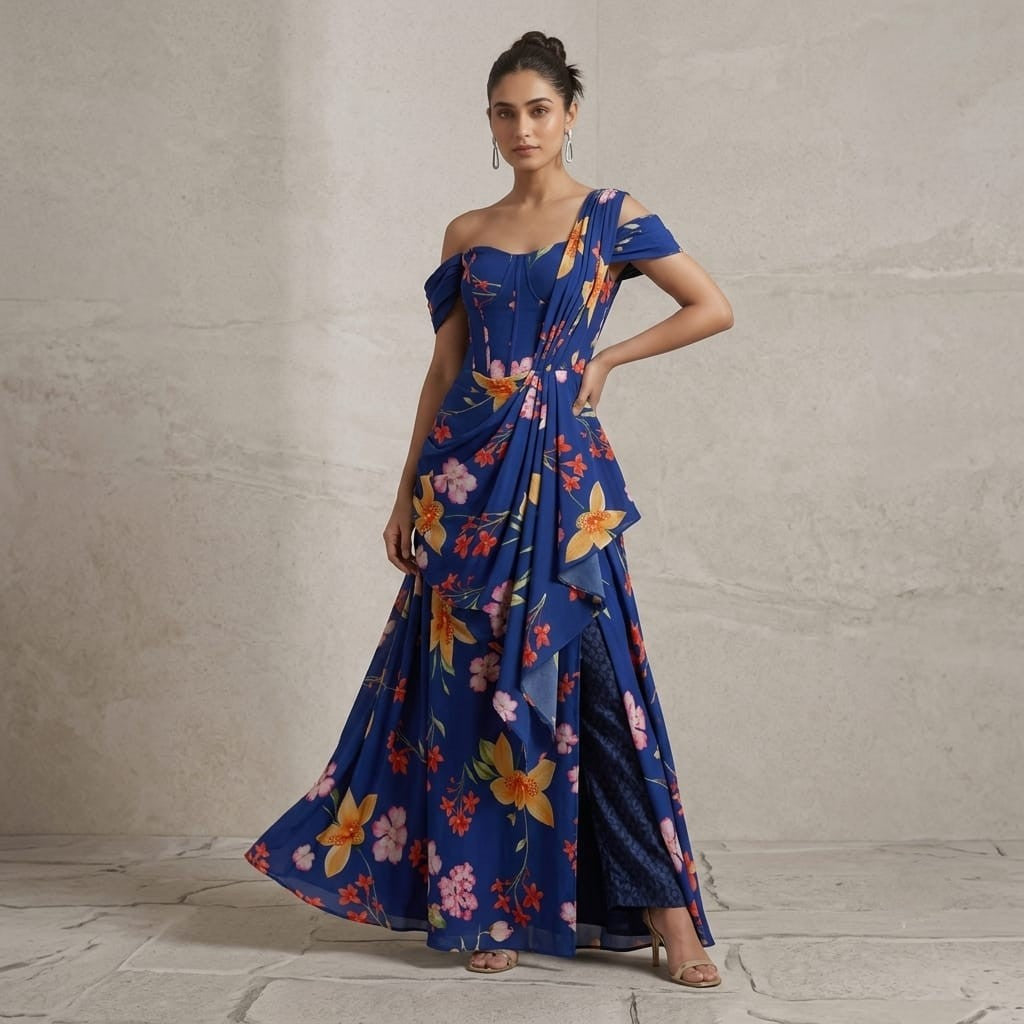 Royal Blue Floral Print Natural Crepe Fabric SC-34517