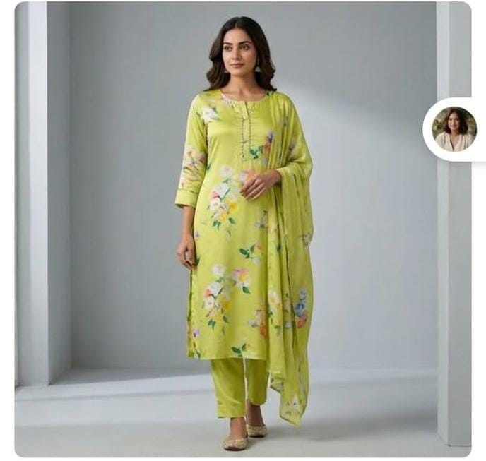 Neon Green Floral Digital Print Modal Satin Fabric MT-33688