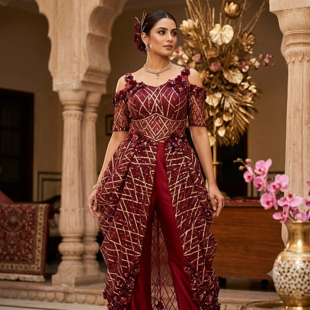 Maroon & Golden Sequins Embroidery Net Fabric TF-34335
