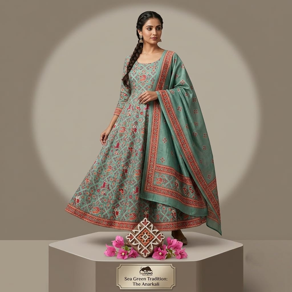 Sea Green Traditional Print Chanderi Fabric SC-34763
