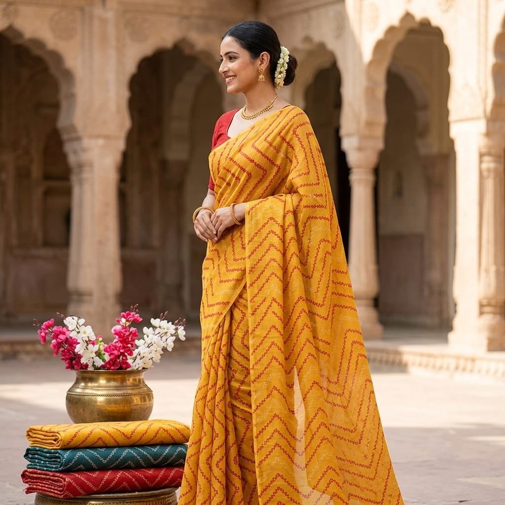 Mustard Yellow Laheriya Print Chanderi Fabric SC-34736