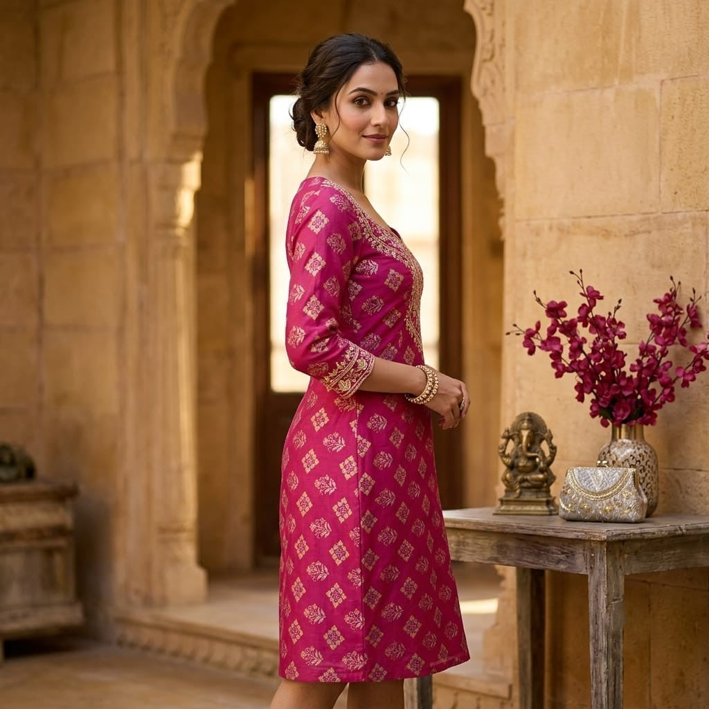 Magenta Floral Print Chanderi Fabric SC-34755