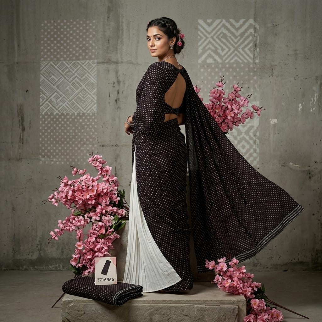 Black Buti Print Natural Crepe Fabric SN-34940