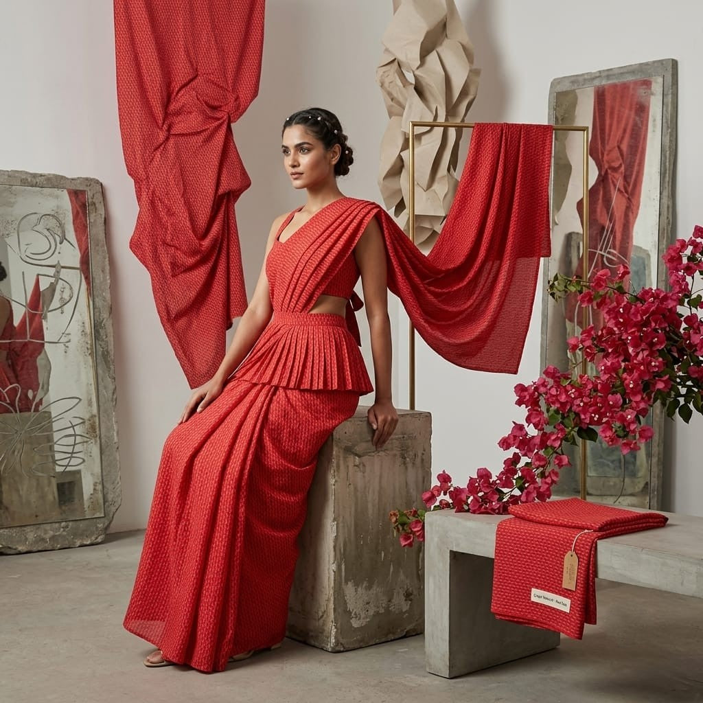 Red Buti Print Natural Crepe Fabric SN-34942