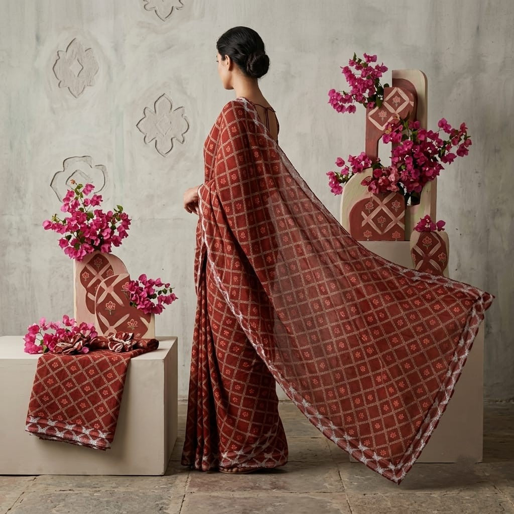 Brown Buti Print Natural Crepe Fabric SN-34944