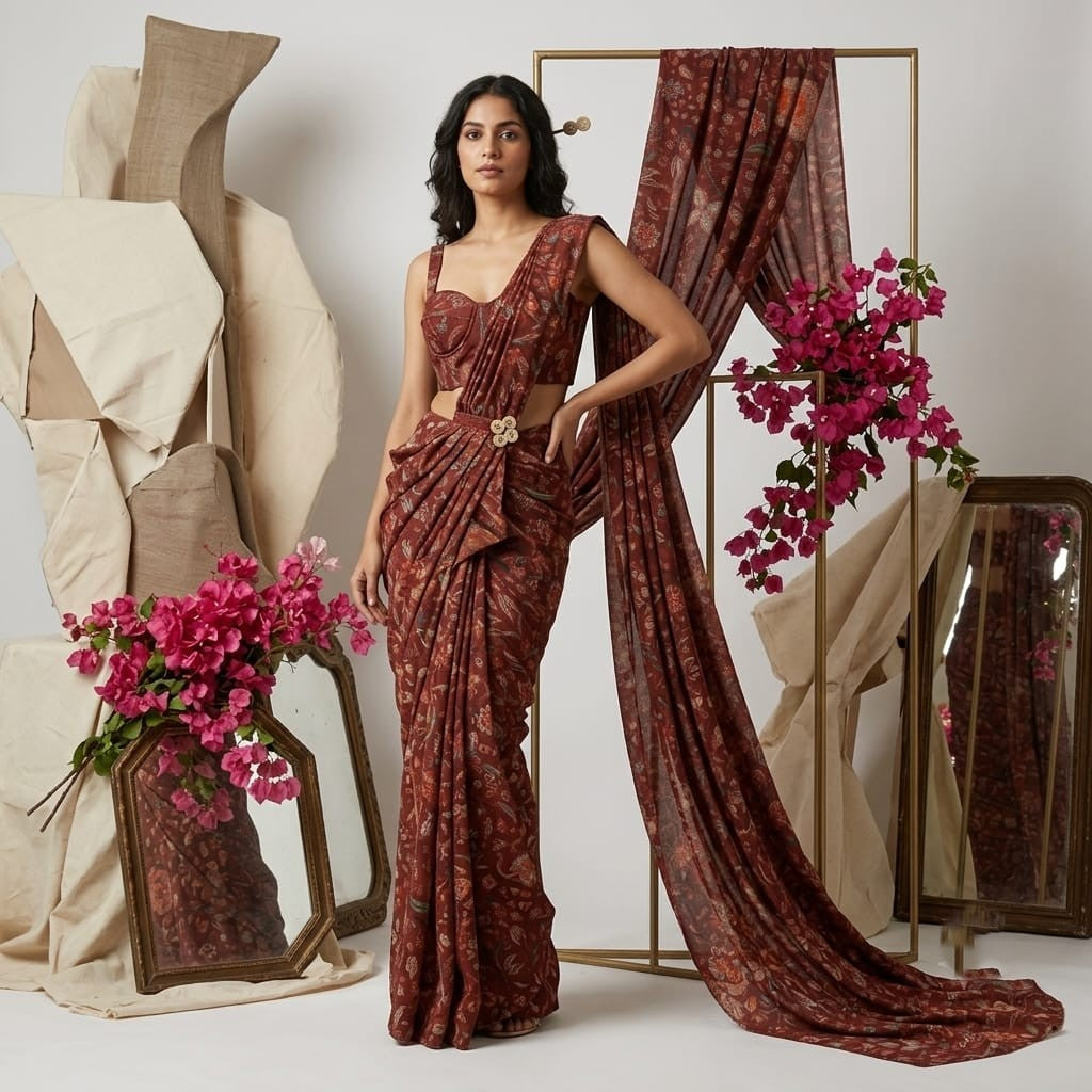 Brown Floral Print Natural Crepe Fabric SN-34943