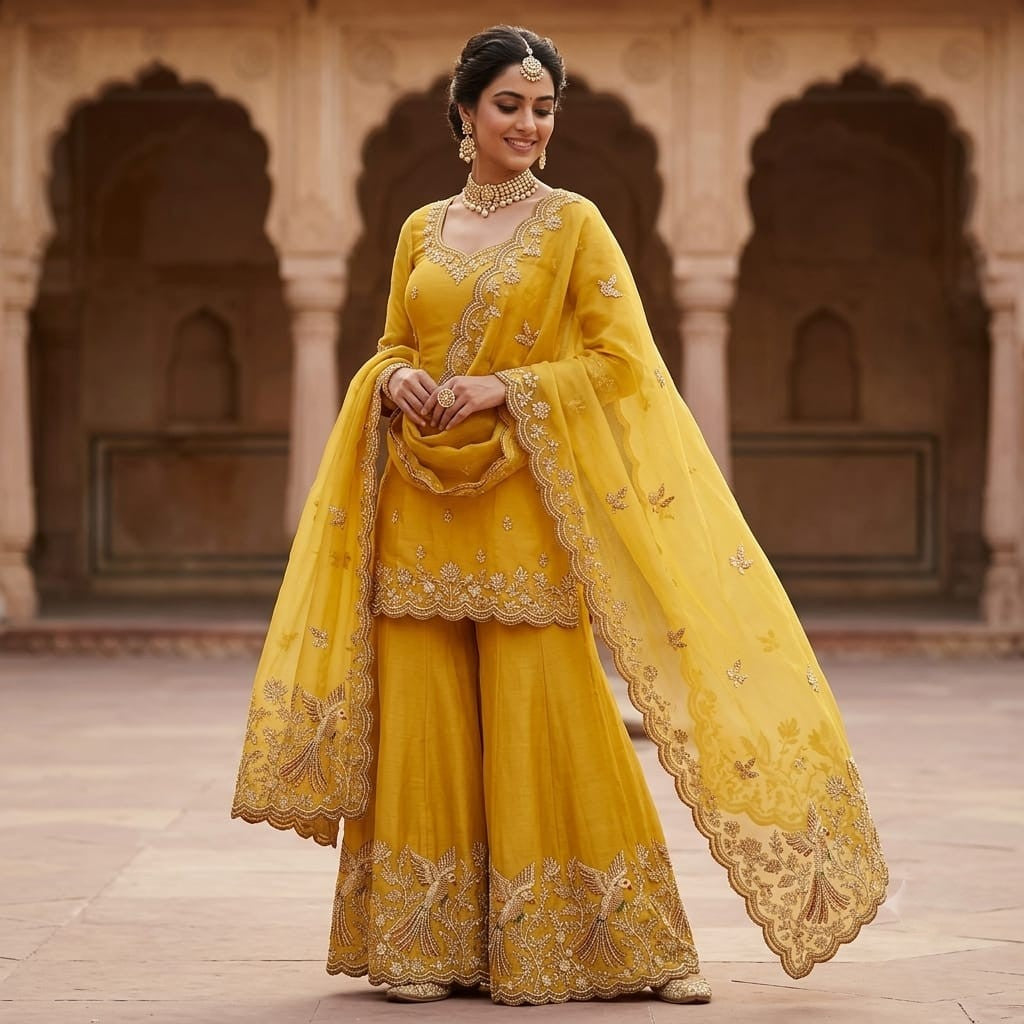 Yellow Bird Cutdana Embroidery Kanjivaram Tissue Fabric VI-34997