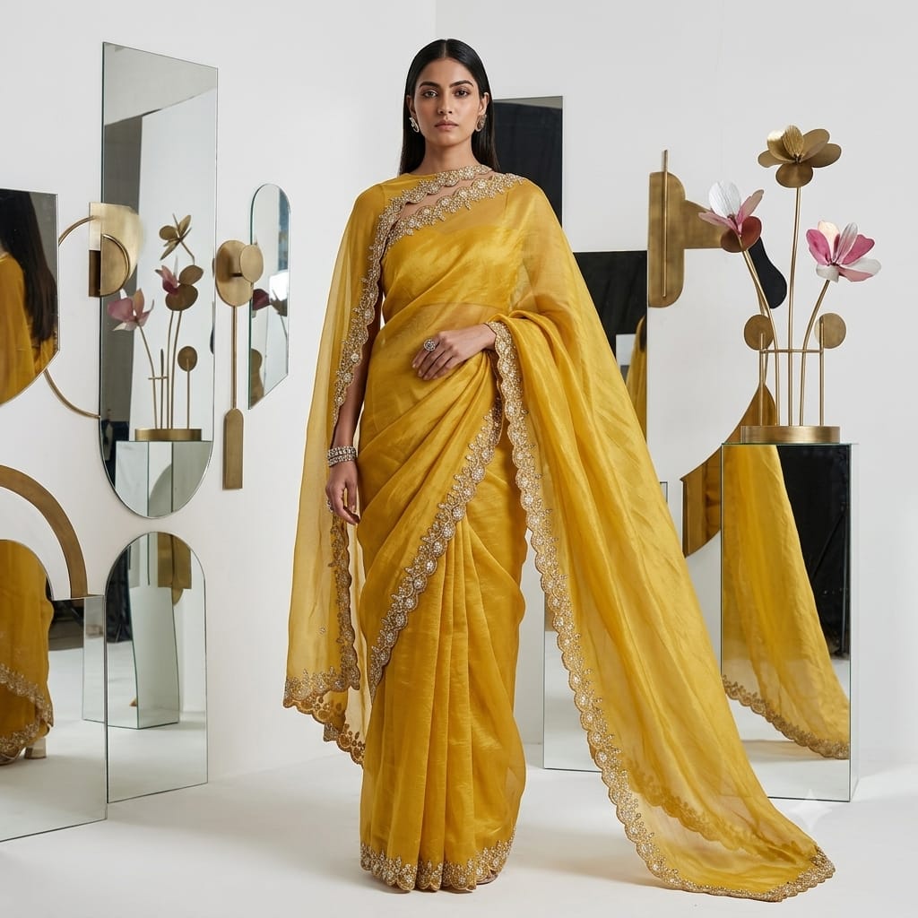 Yellow Floral Buti Cutdana Embroidery Kanjivaram Tissue Fabric VI-34998