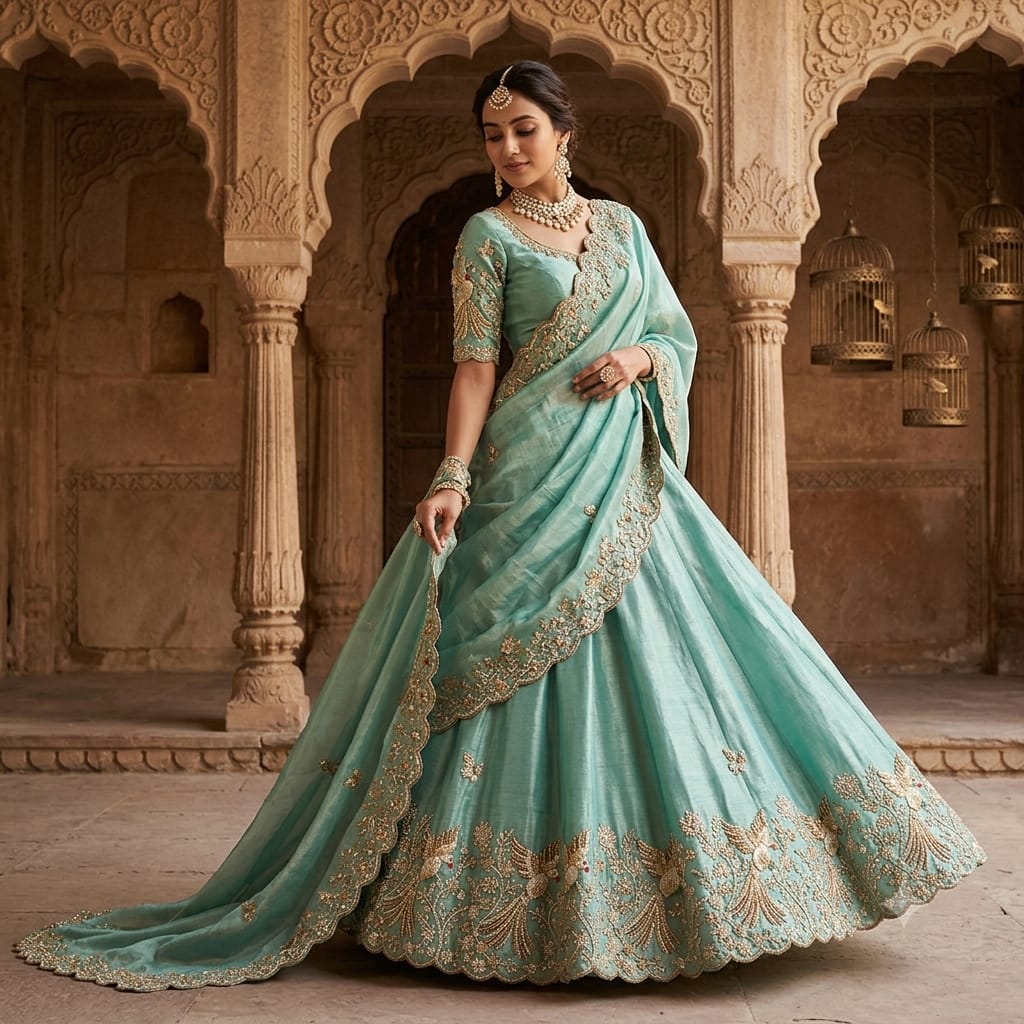 Sky Blue Bird Cutdana Embroidery Kanjivaram Tissue Fabric VI-34999