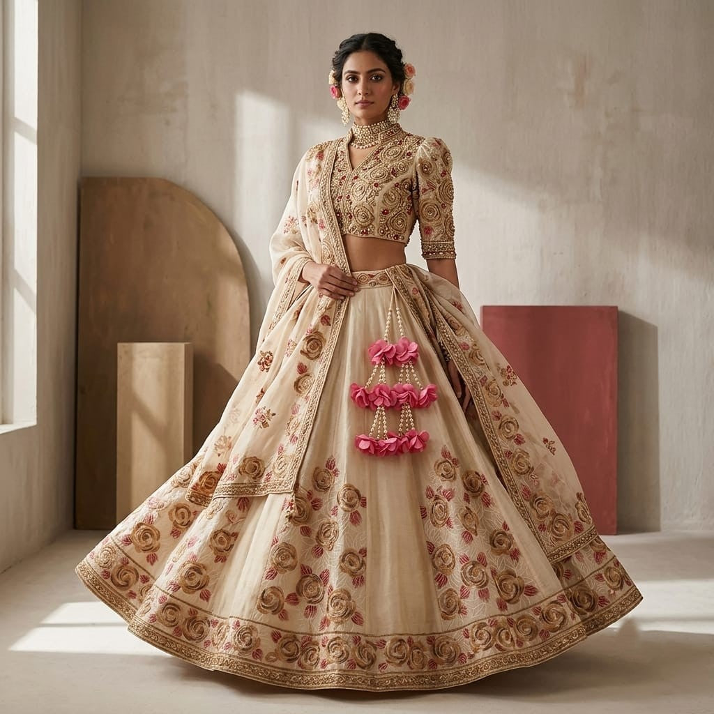 Cream Floral Thread Embroidery Chanderi Fabric UMS-32292