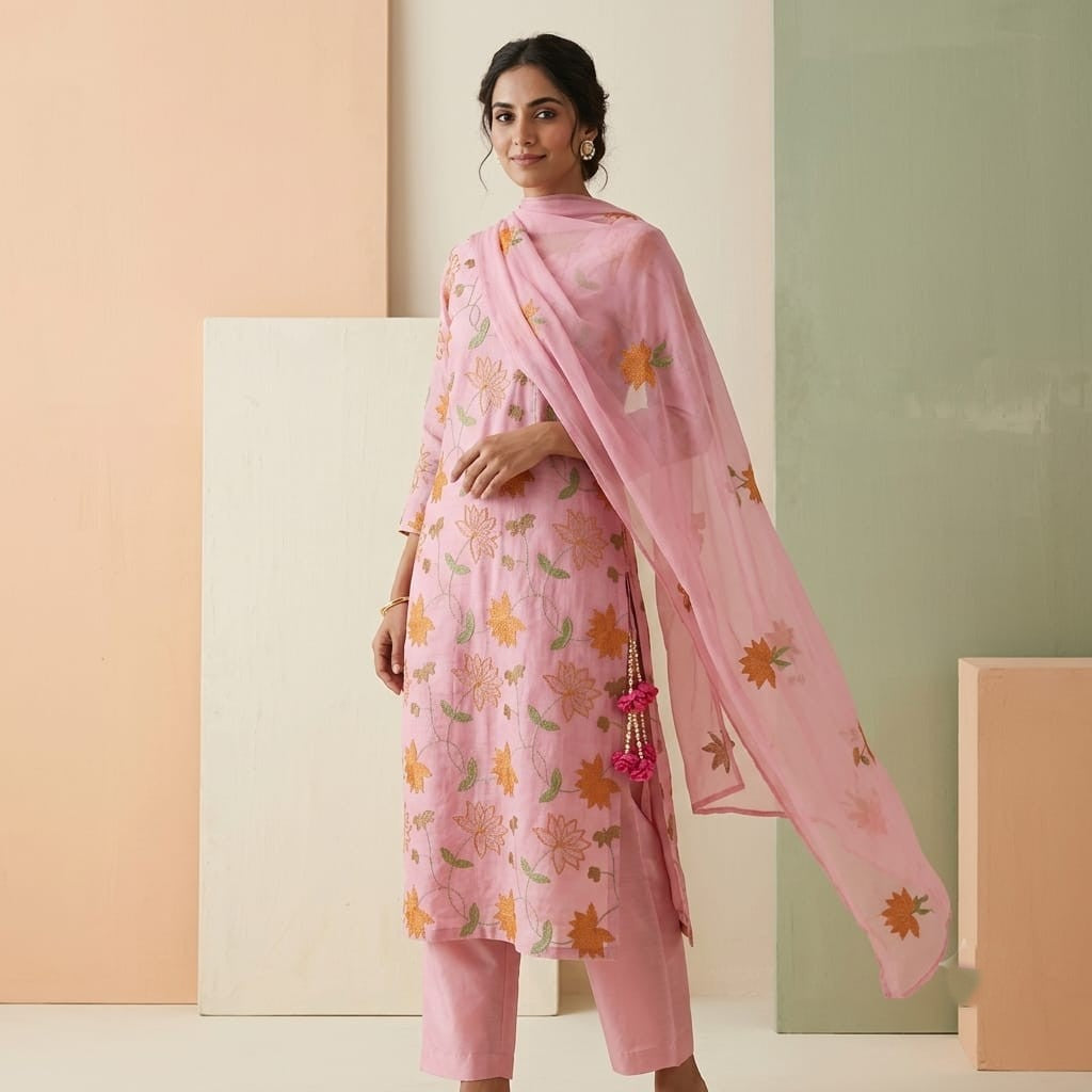 Pink floral jaal embroidery Malai Chanderi Fabric SNTF-32229