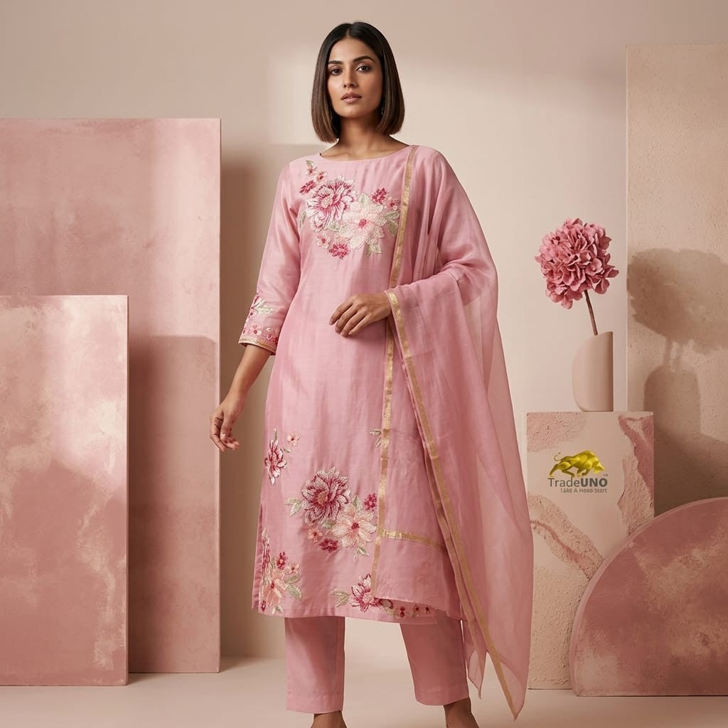 Pink Floral Thread Embroidery Malai Chanderi Fabric SNTF-32429