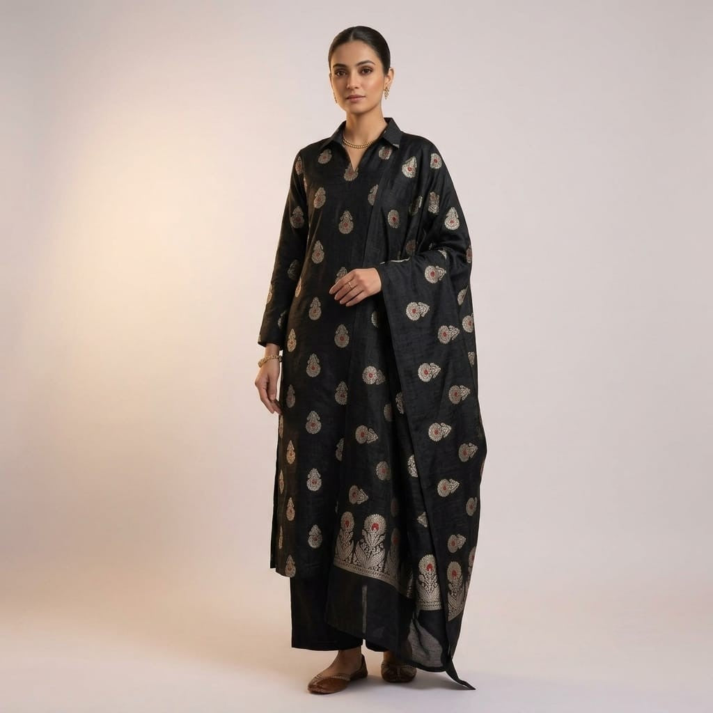 Black Floral Buta Meena Zari Brocade Fabric HMS-35015