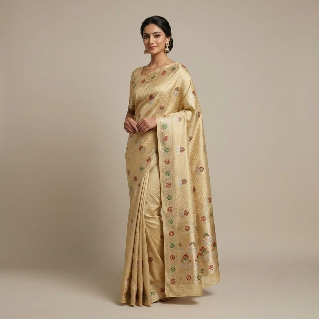 Cream Floral Buta Meena Zari Brocade Fabric HMS-35019
