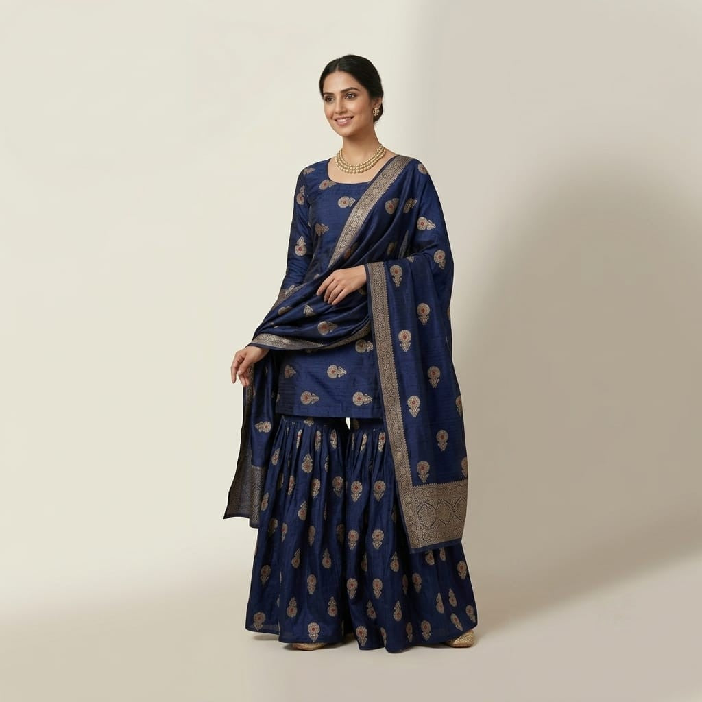 Blue Floral Buta Meena Zari Brocade Fabric HMS-35020