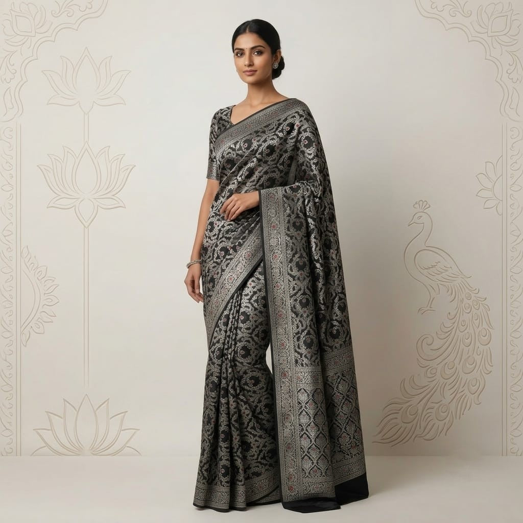 Black Floral Jaal Meena Zari Brocade Fabric HMS-35023