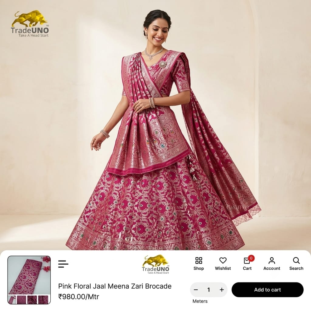 Pink Floral Jaal Meena Zari Brocade Fabric HMS-35024
