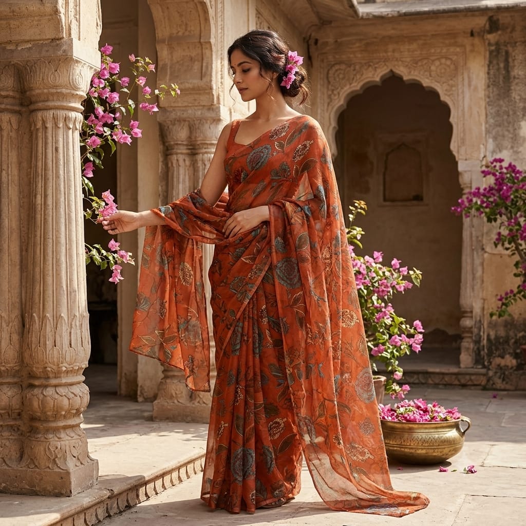 Orange Floral Print Chiffon Fabric MT-35191