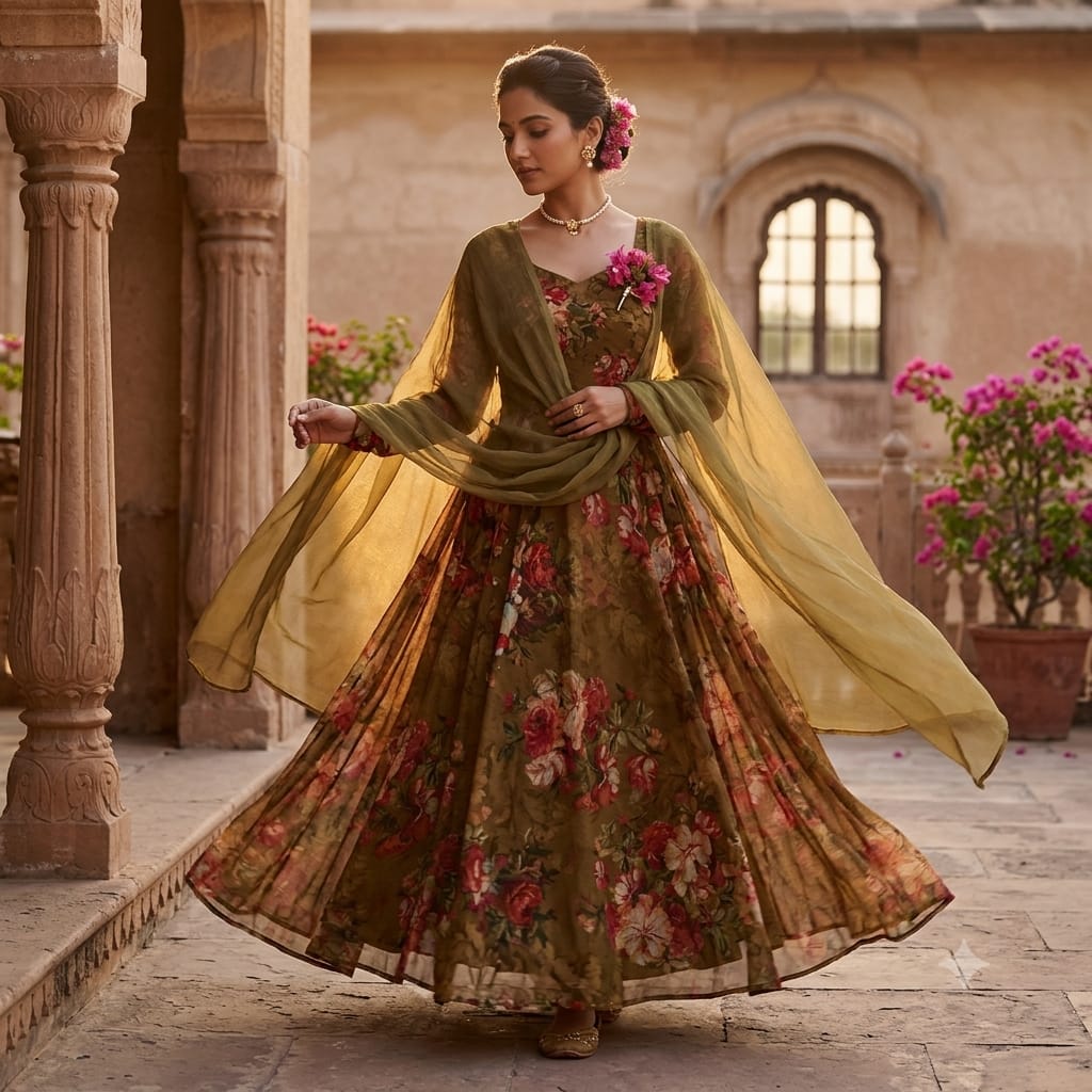 Olive Green Floral Print Chiffon Fabric MT-35190