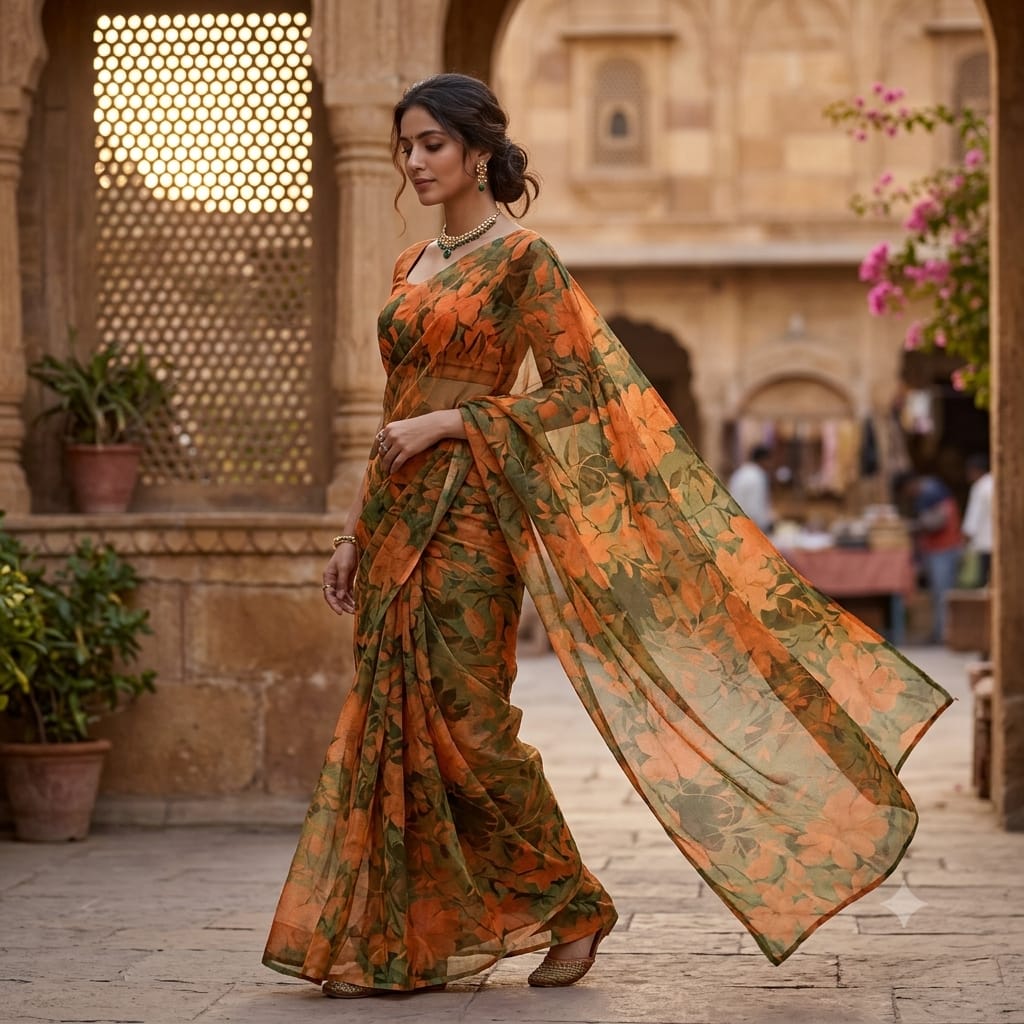 Orange with Green Floral Print Chiffon Fabric MT-35195