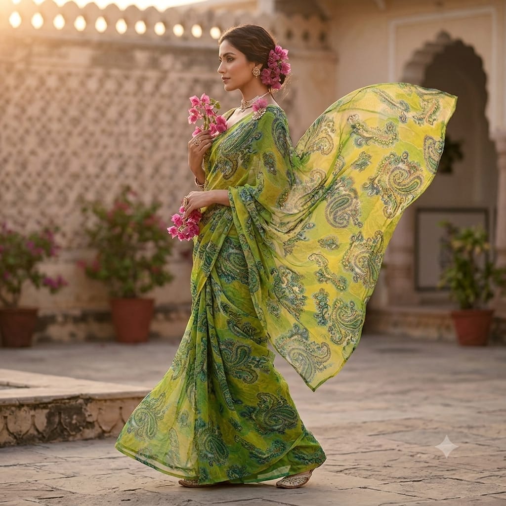 Green Floral Print Chiffon Fabric MT-35196